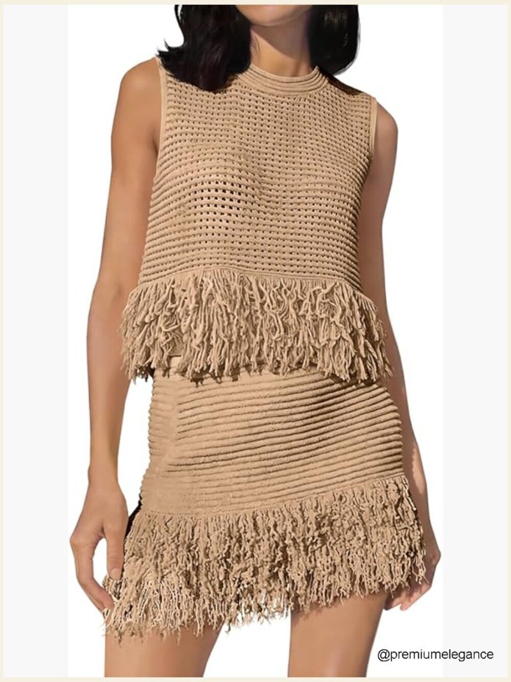 Sleeveless Knit Crochet 2 Piece Set with Fringe Skirt Summer Beach Vacation